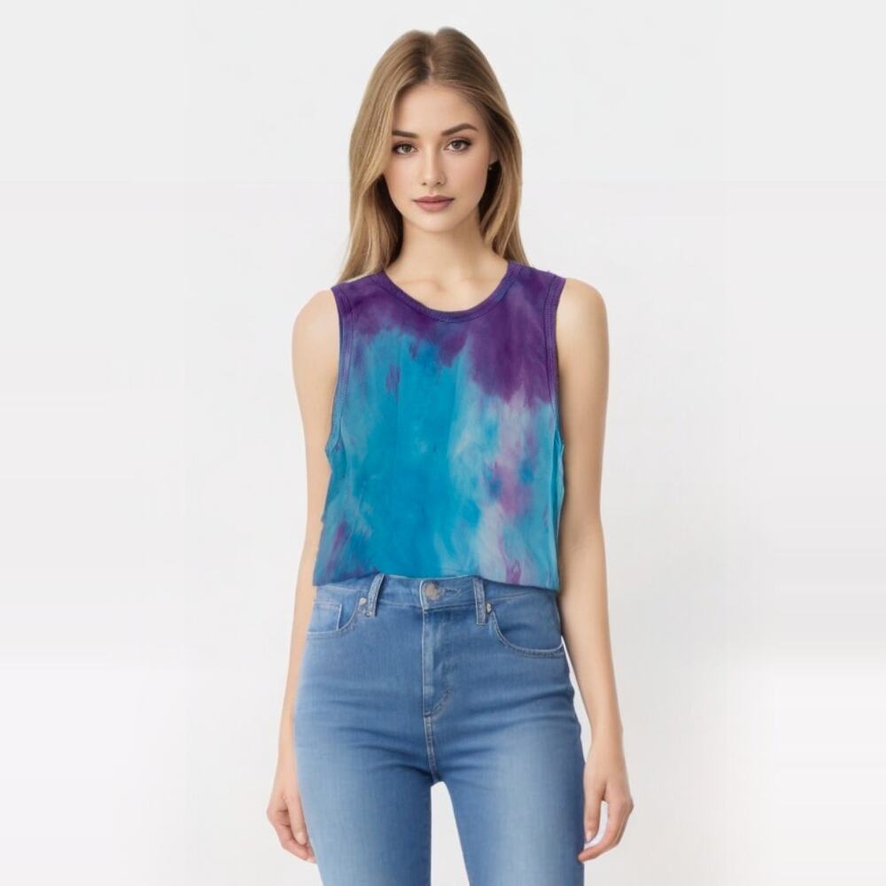 WEEKEND STORIES Top Size S Slight Crop Tank Hand Dyed Purple Blue Tie Dye
